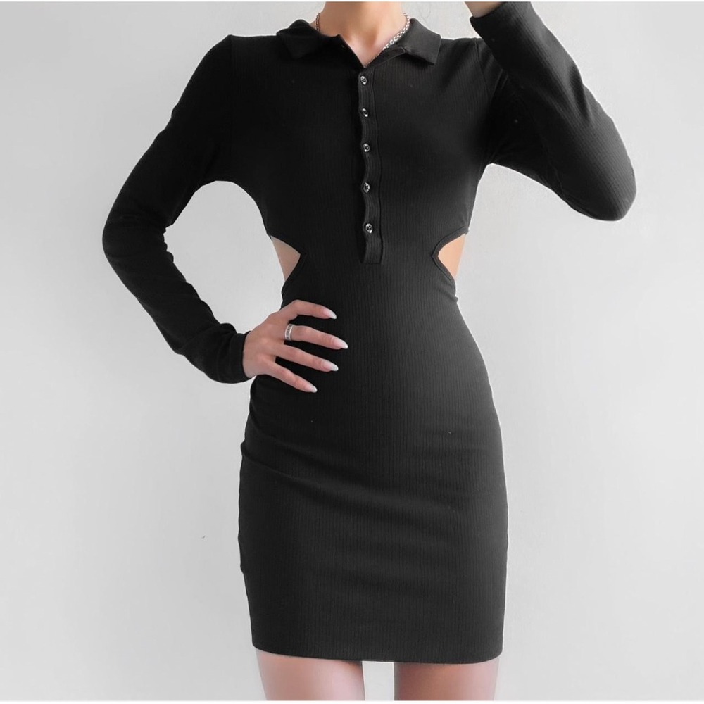 Urban Outfitters Women Small Mini Dress Black Ribbed Long Sleeve Cutout Bodycon